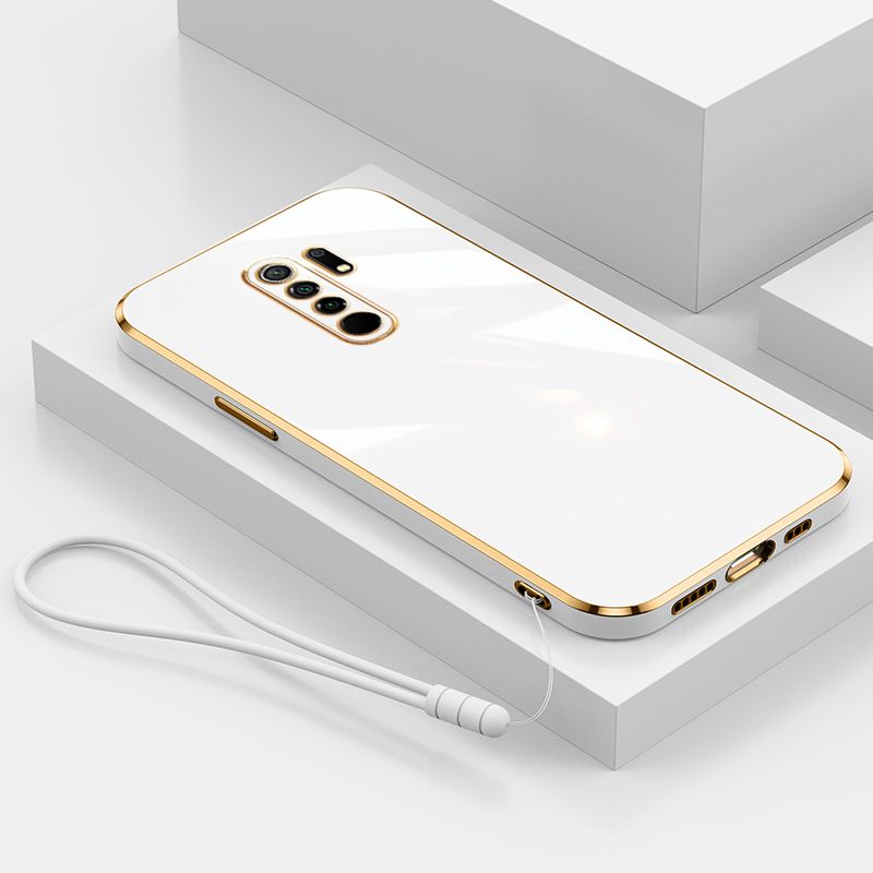 For Xiaomi Redmi 9 Cover with Wrist Strap Fashion Shiny Plating Square Bumper Girls Phone Case Soft TPU Silicone Shockproof Protective Back Cover