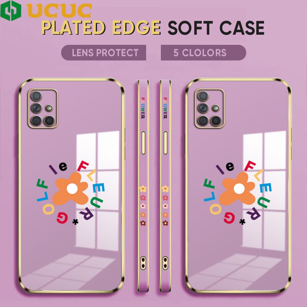 UCUC for Samsung Galaxy A71 Back Cover + Free Lanyard Colorful Flower Luxury 6D Plating Case Side Pattern Soft Silicone Square Phone Cases