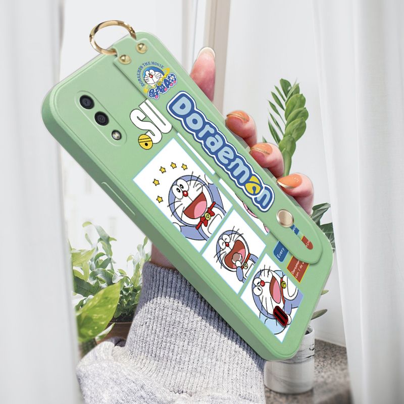 Jizetin for Samsung Galaxy A01 Wrist Strap Case Creative Cartoon Doraemon's Daily Life Cover Ultra Thin Anti Fall Liquid Silicone Phone Case