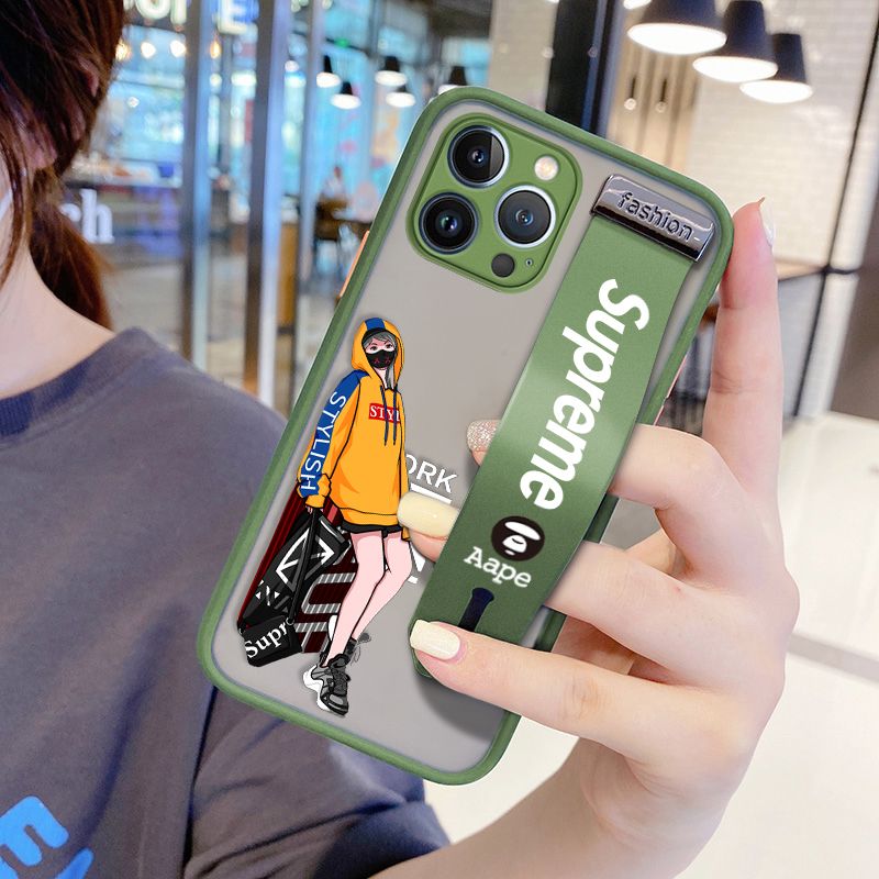UCUC for iPhone 13 Pro Max Wrist Strap Case Creative Cartoon Handsome Girl Wristband Printing Cover Shockproof Frosted Phone Case