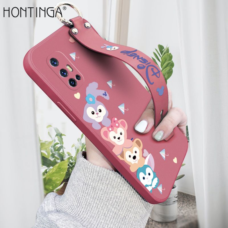 Hontinga for Vivo V17 Wrist Strap Case INS Cute Style Creative Cartoon Rabbit and Fox Cover Thin Square Edge Liquid Silicone Phone Case