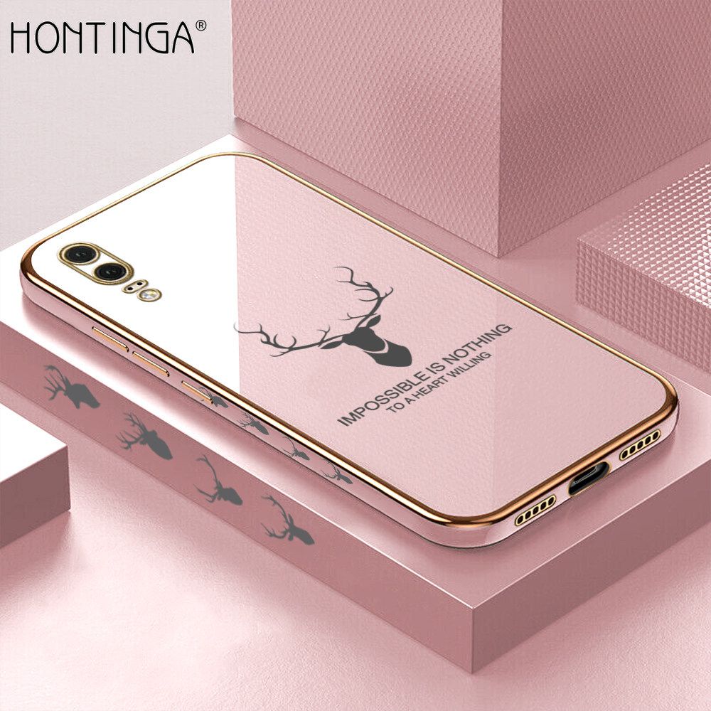 Hontinga for Huawei P20 Back Cover + Free Lanyard Luxury 6D Plating Cartoon Lucky Side Pattern Case Soft Silicone Square Phone Cases