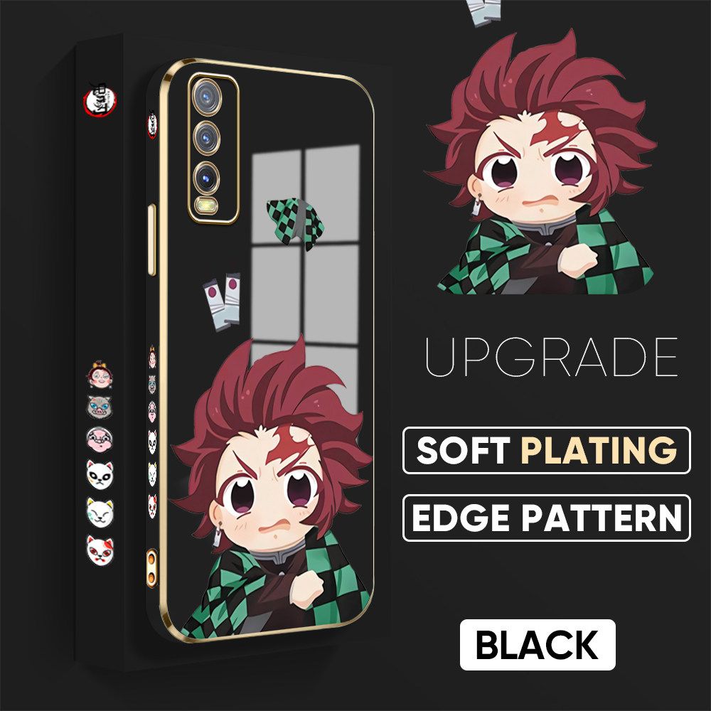 TA for Vivo Y20 / Y20i / Y20S / Y20 2021 / Y20SG / Y12A / Y12S Back Cover + Free Lanyard Cute Tanjiro Luxury 6D Plating Case Side Pattern Soft Silicone Square Phone Cases