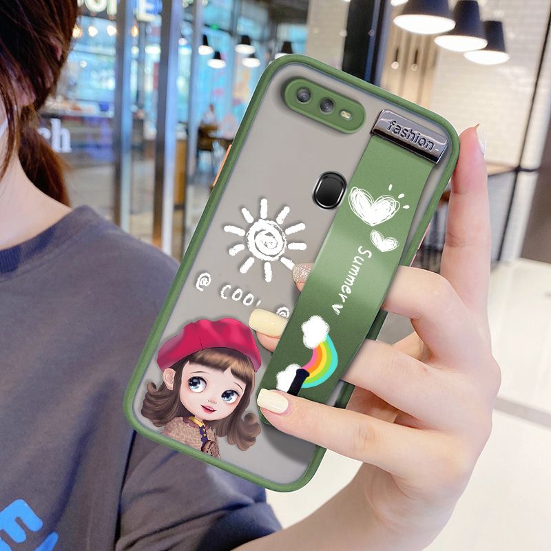 UCUC for OPPO A7 Wrist Strap Case Lovely Cartoon Red Hat Girl Wristband Printing Cover Shockproof Frosted Phone Case