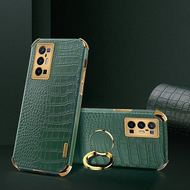 Luxury Plated Crocodile Pattern Leather Holder Phone Case For Vivo X70 Pro+ / Vivo X70 Pro Plus Magentic Car Ring Stand Cover