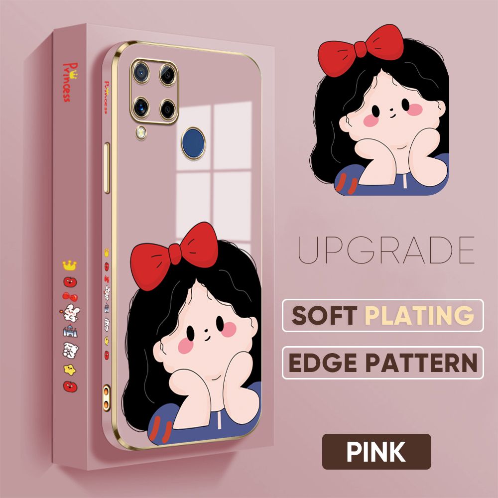 TA for Realme C15 / Realme C15 Qualcomm Edition Back Cover + Free Lanyard Cute Princess Luxury 6D Plating Case Side Pattern Soft Silicone Square Phone Cases