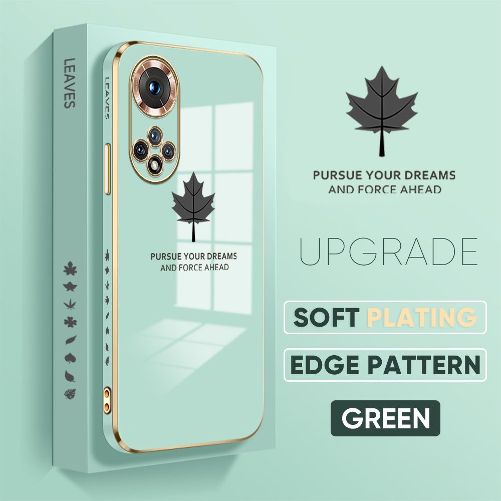 Jizetin (Free Lanyard) Honor 50 Cover Maple Leaf Luxury 6D Plating Soft Casing Silicone Square Frame Phone Case Shiny Bling Back Cover