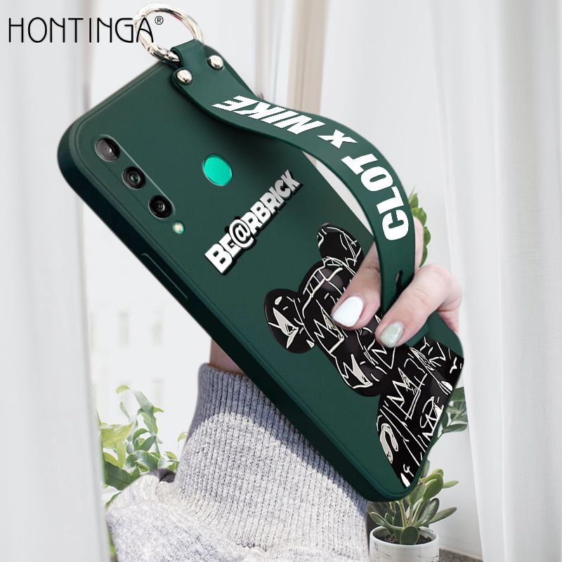 Hontinga for Huawei Y7P / P40 Lite E Wrist Strap Case Fashion Black Brand Bear Phone Case Square Edge Liquid Silicone Cases Full Cover Camera Shockproof Protection Cases