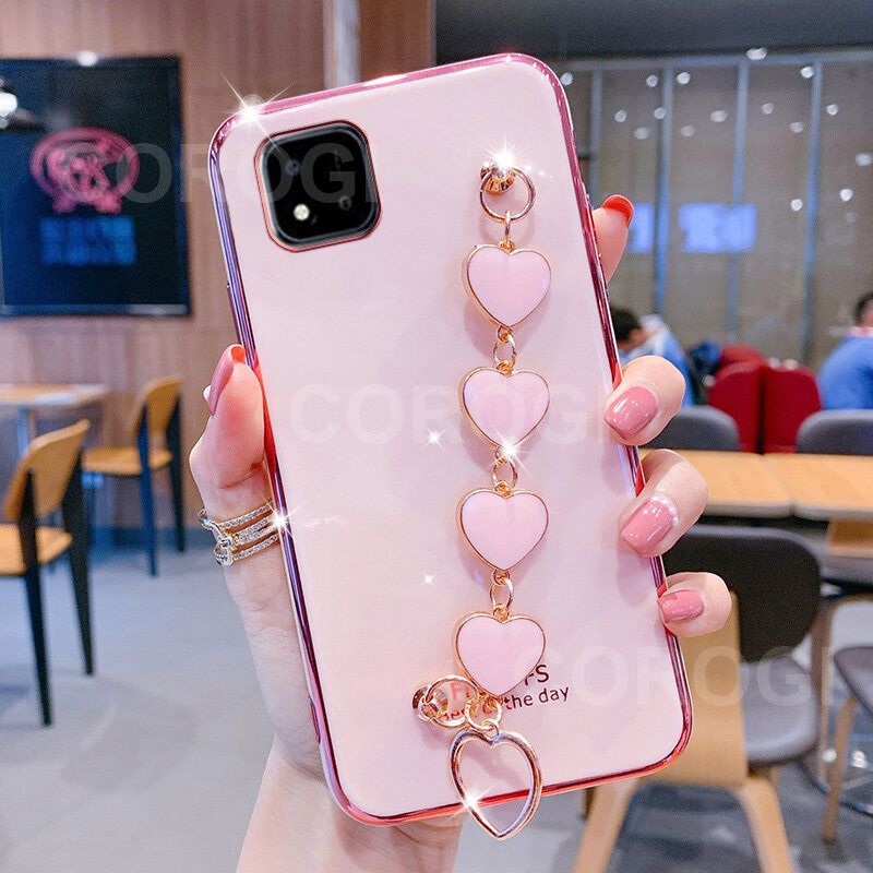 For Realme C20A Cover + Love Heart Bracelet Fashion Shiny Wrist Chain Plating Bumper Slim Phone Case Soft TPU Silicone Shockproof Protective Back Cover