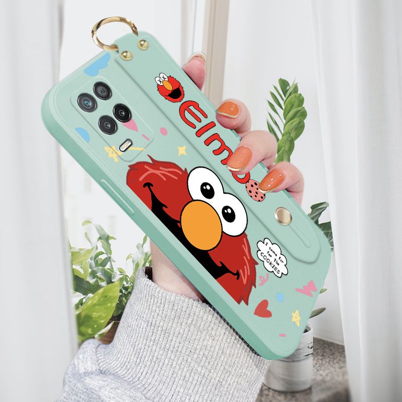 Jizetin for Realme 8 5G Wrist Strap Case Creative Cartoon Red Haired Monster Cover Ultra Thin Anti Fall Liquid Silicone Phone Case