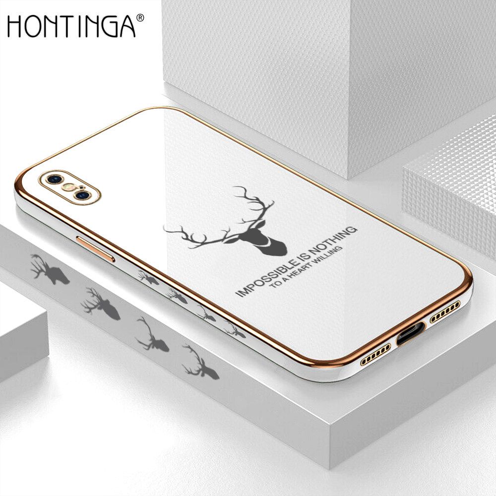 Hontinga for iPhone X XS Back Cover + Free Lanyard Luxury 6D Plating Cartoon Lucky Side Pattern Case Soft Silicone Square Phone Cases