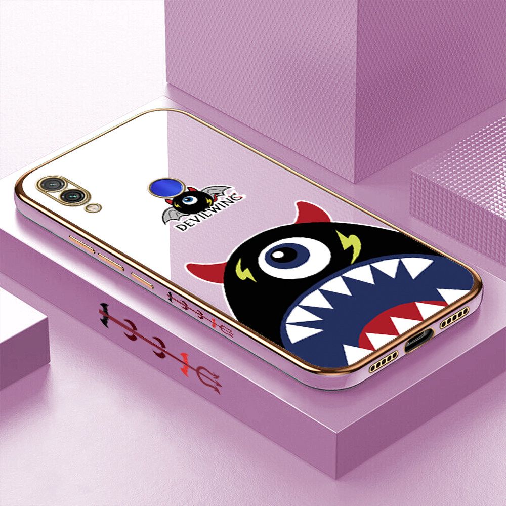 Luxury 6D Plating Case for Redmi Note 7 Pro Cartoon One-eyed Devil Wing Side Pattern Back Cover Soft Silicone Square Frame Shiny Bling Phone Cases + Free Lanyard