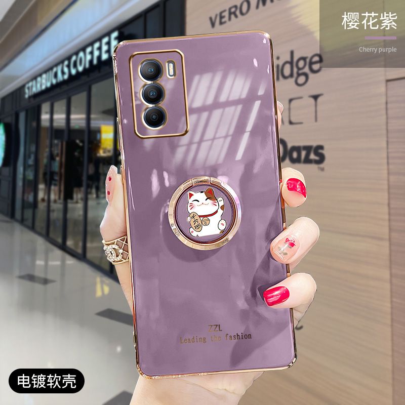 For OPPO A16 Cover + Ring Holder Stand Shiny Plating Square Bumper Phone Case Lens Protection Soft Silicone Shockproof Protective Back Cover