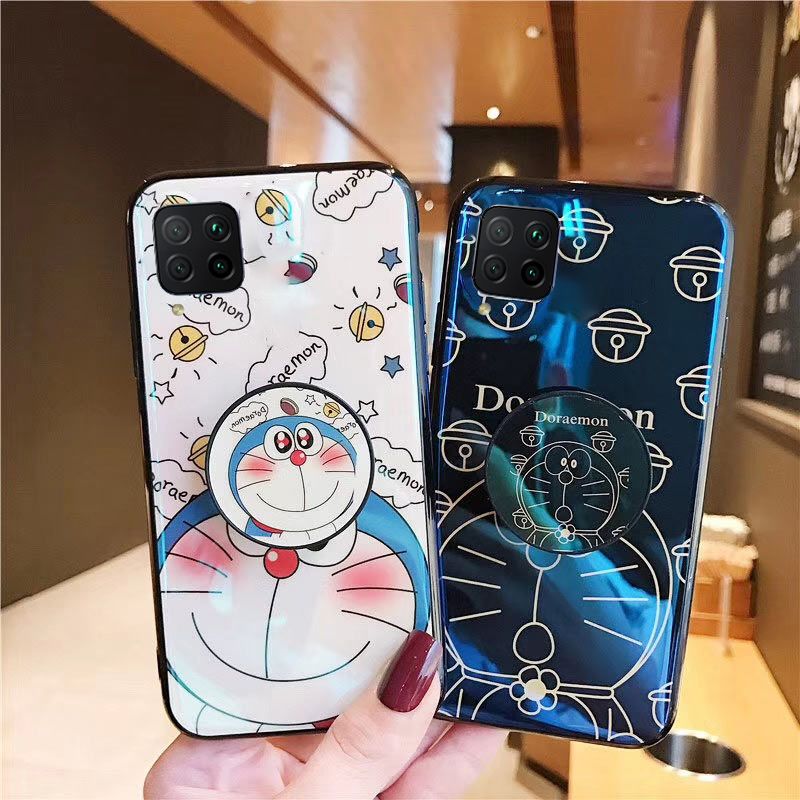 Phone Case Samsung Galaxy F22 Back Cover Cute 3D Cartoon Blue Light Happy Doraemon Soft Couple Cases Stand Holder for Samsung F22 Case