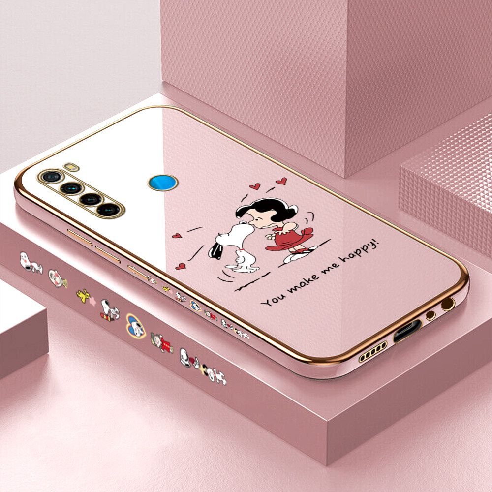 Luxury 6D Plating Case for Redmi Note 8 Happy Cartoon Puppy Side Pattern Back Cover Soft Silicone Square Frame Shiny Bling Phone Cases + Free Lanyard