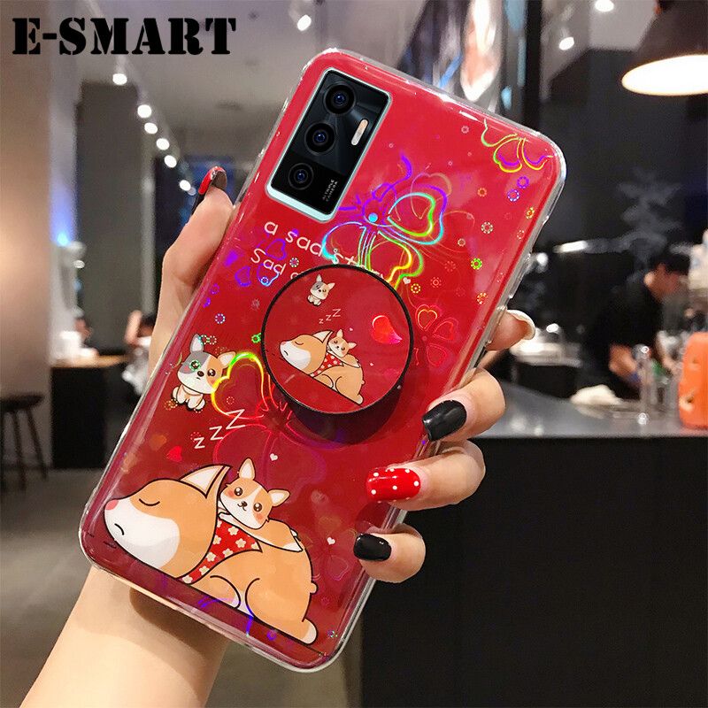 Phone case VIVO V23E Back Cover Cute Cartoon Bear Cases Soft Silicone Bracket Holder stand case Colorful Cherry Blossoms For VIVO V23 E Case