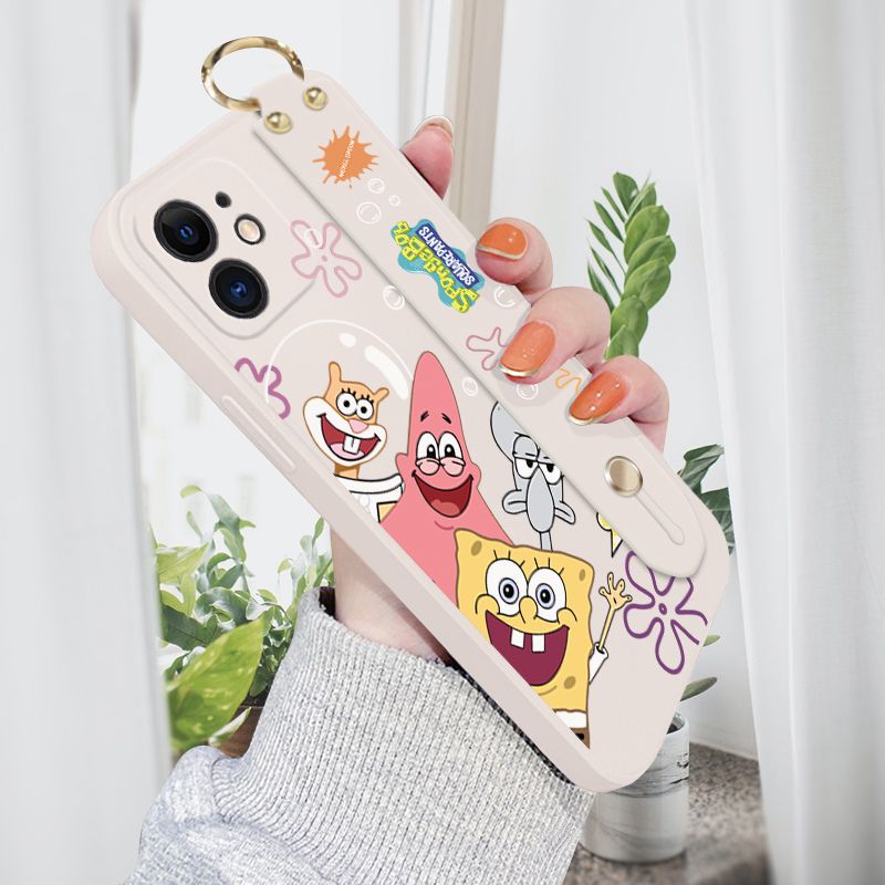Jizetin for iPhone 11 Wrist Strap Case Funny Cartoon Sea Creatures Cover Ultra Thin Anti Fall Liquid Silicone Phone Case