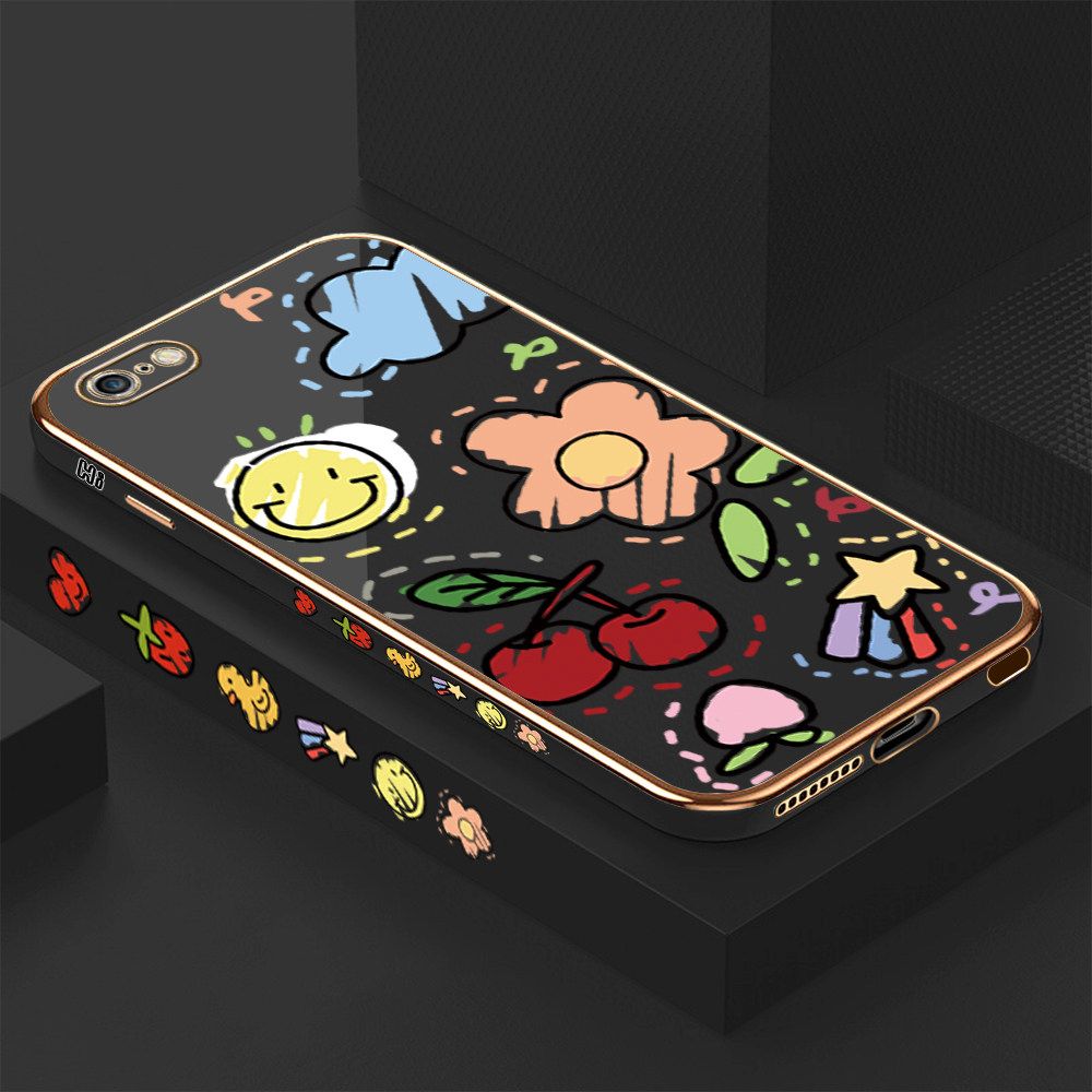 Luxury 6D Plating Case for iPhone 6S Plus Color Cartoon cherry Peach Side Pattern Back Cover Soft Silicone Square Frame Shiny Bling Phone Cases + Free Lanyard