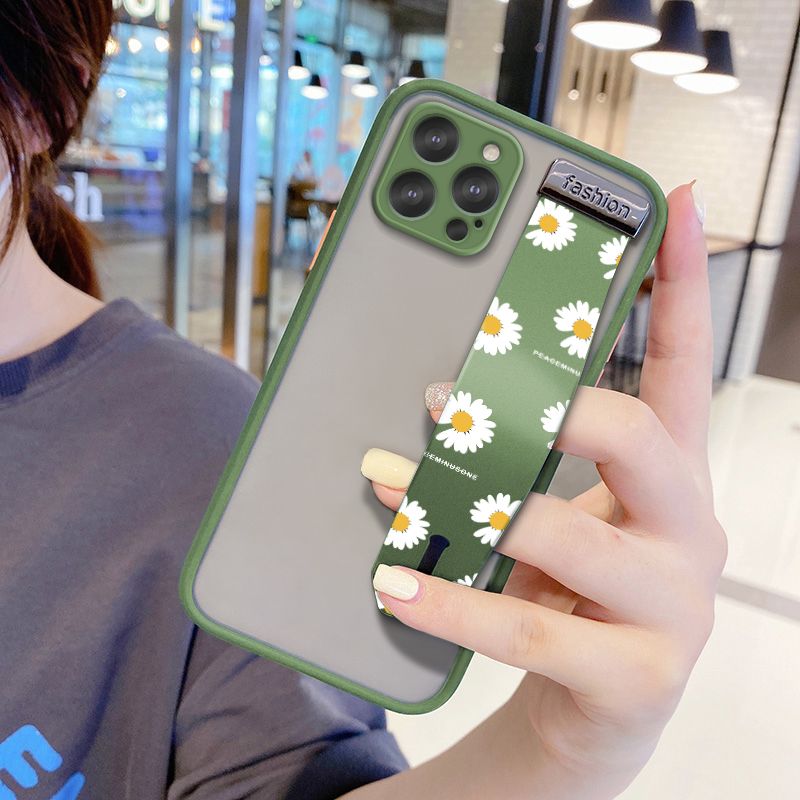UCUC for iPhone 12 Pro Wrist Strap Case INS Style Small Fresh Daisies Wristband Printing Cover Shockproof Frosted Phone Case