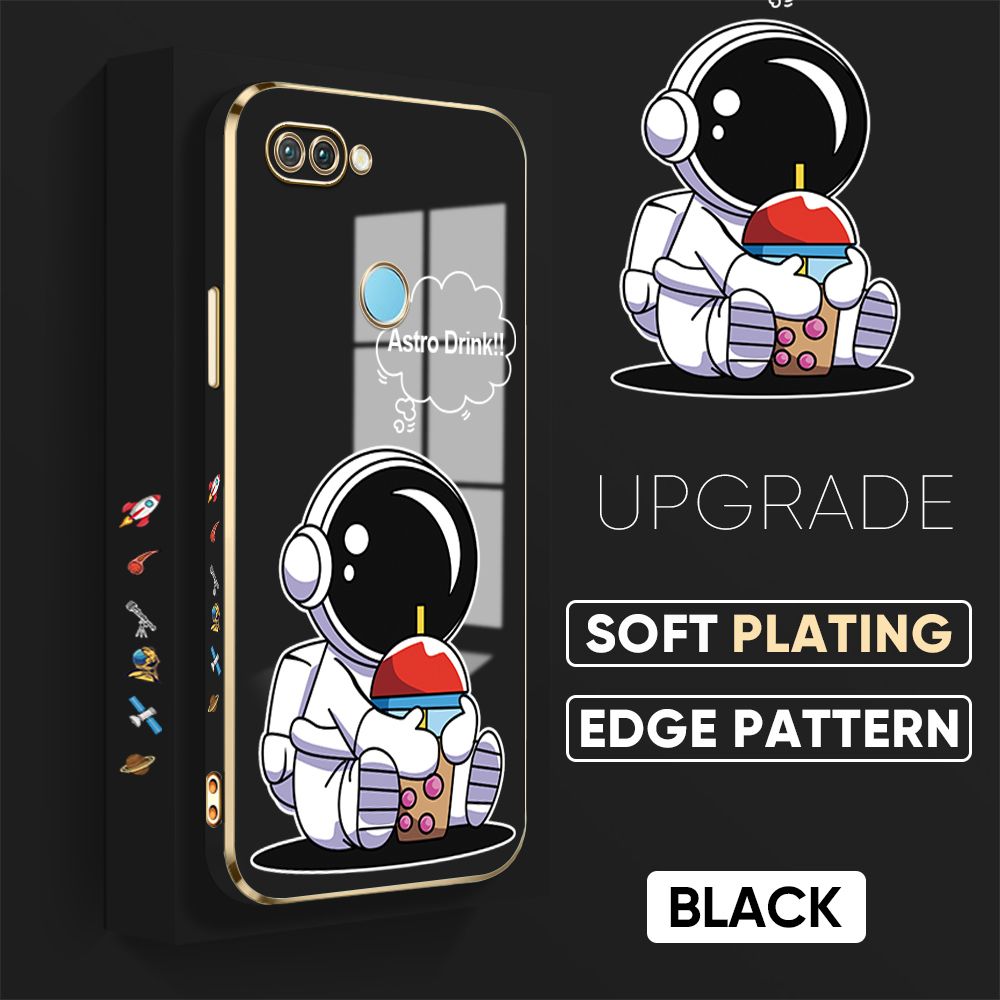 Jizetin (Free Lanyard) Realme U1 Cover Drink Astronaut Luxury 6D Plating Soft Casing Silicone Square Frame Phone Case Shiny Bling Back Cover