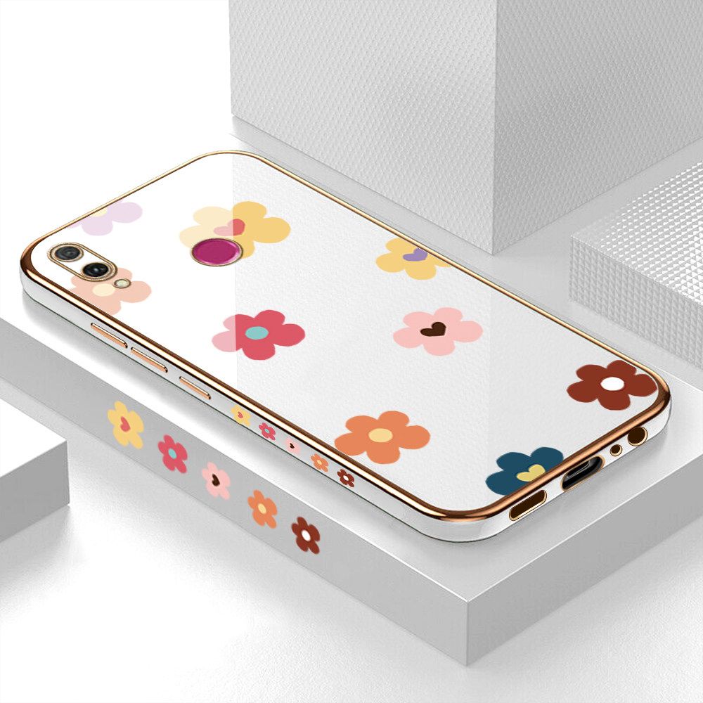 Luxury 6D Plating Case for Huawei Y9 2019 Color Cartoon Flowers Side Pattern Back Cover Soft Silicone Square Frame Shiny Bling Phone Cases + Free Lanyard