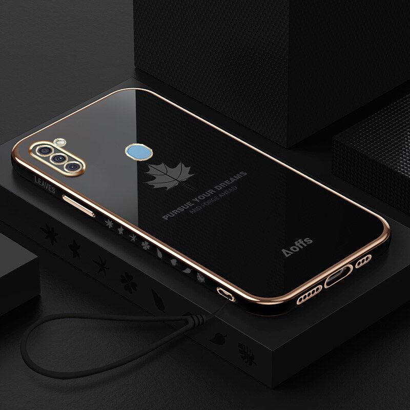 For Samsung Galaxy A11 / M11 Cover + Wrist Strap Fashion Shiny Maple leaf Plating Square Bumper Phone Case Soft TPU Silicone Shockproof Protective Back Cover