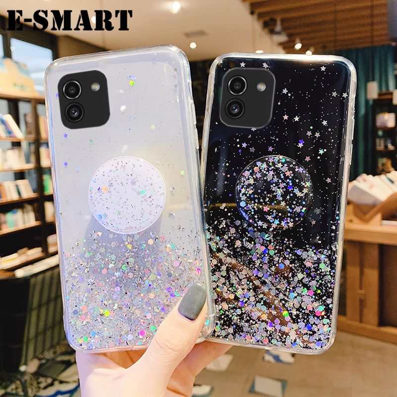 Phone case Samsung Galaxy A03 Back cover Shiny Ring Glitter Soft Transparent Holder Stand Back cover with String Glitter Space Stars Moon Samsung A03 Case