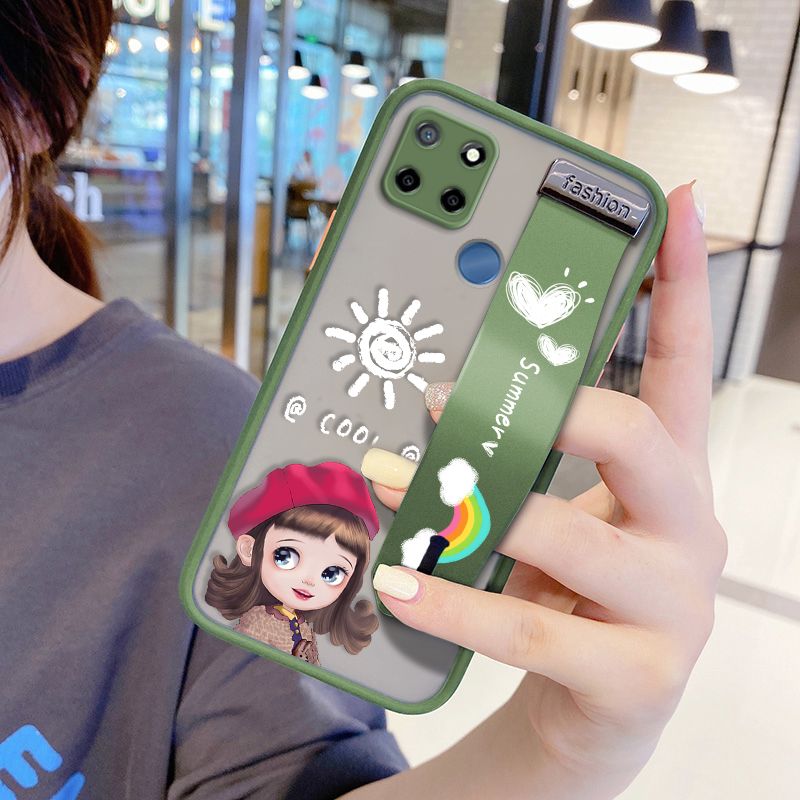 UCUC for Realme C25S Wrist Strap Case Lovely Cartoon Red Hat Girl Wristband Printing Cover Shockproof Frosted Phone Case