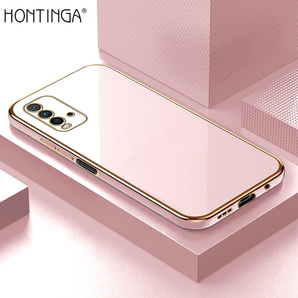 Hontinga for Redmi 9T / Redmi 9 Power Back Cover + Free Lanyard Luxury 6D Plating Frame Shiny Bling Case Soft Silicone Square Mobile Cover