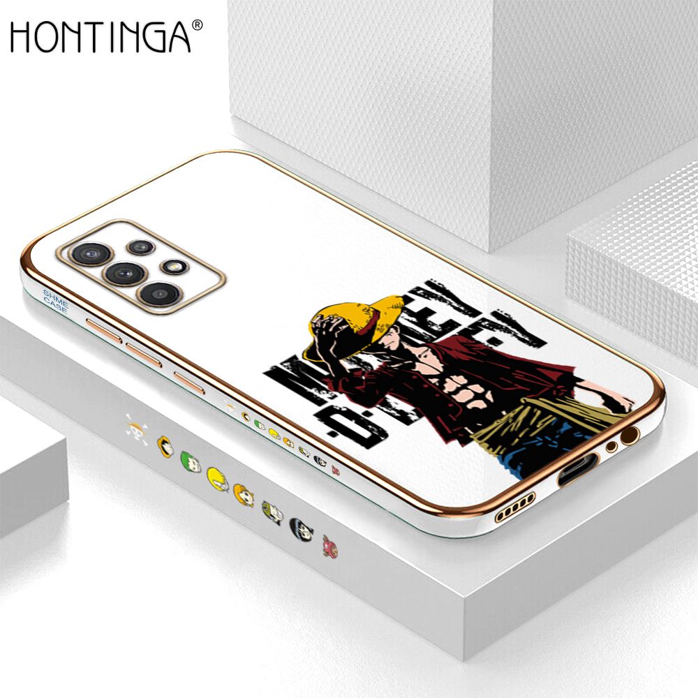 Hontinga for Samsung A32 4G Back Cover + Free Lanyard Luxury 6D Plating Handsome Luffy Side Pattern Case Soft Silicone Square Mobile Cover
