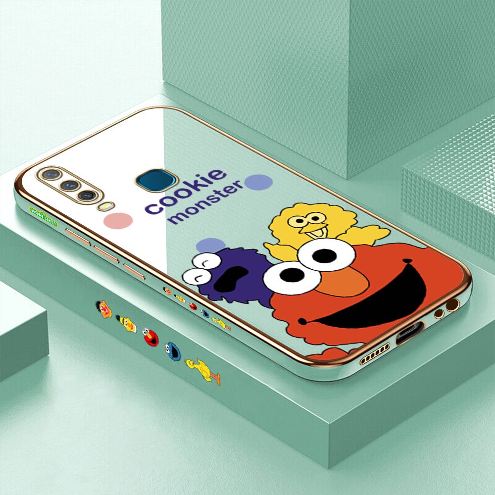 Luxury 6D Plating Case for Vivo Y12 Color Cute Cartoon Sesame Monsters Side Pattern Back Cover Soft Silicone Square Frame Shiny Bling Phone Cases + Free Lanyard