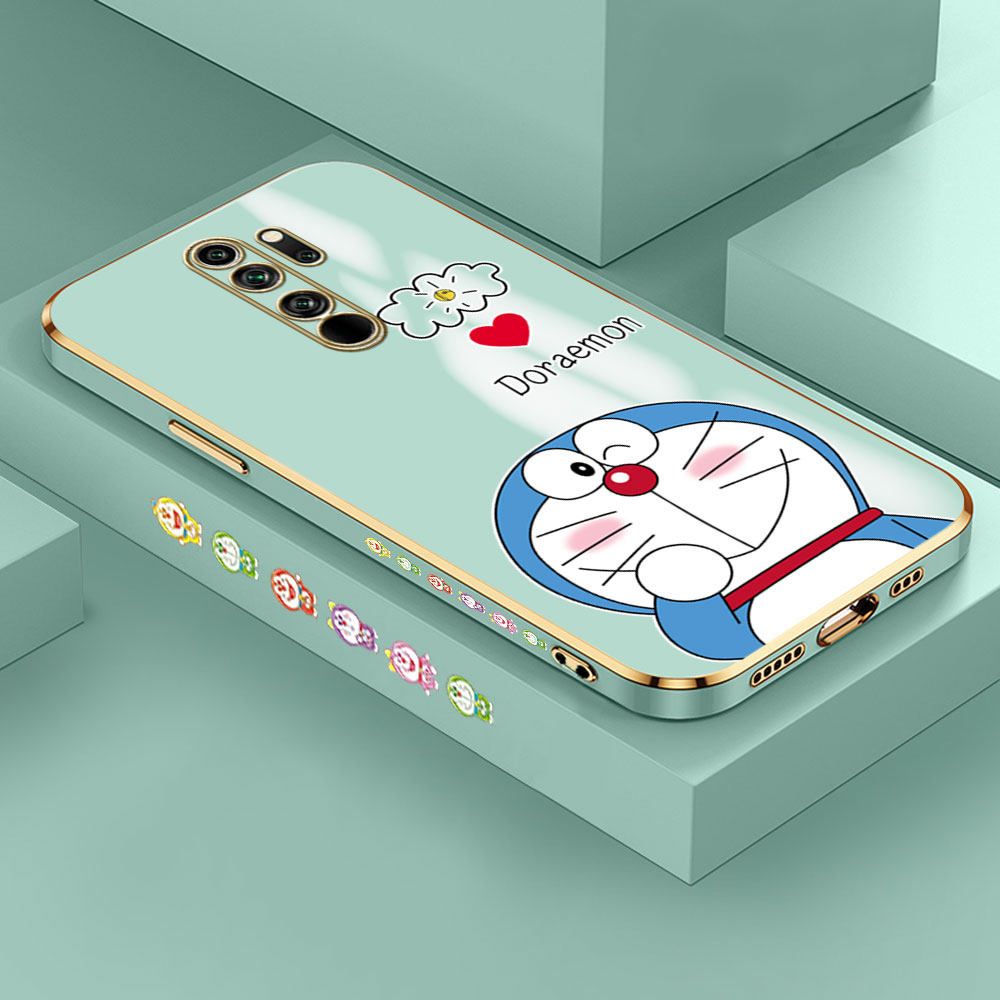 Hontinga for Redmi Note 8 Pro Back Cover + Free Lanyard Luxury 6D Plating Grinning Cartoon Cat Side Pattern Case Soft Silicone Square Mobile Cover