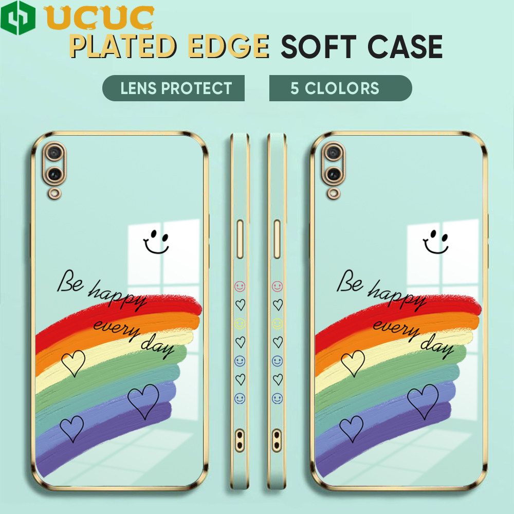 UCUC for Honor Y7 Pro 2019 Back Cover + Free Lanyard Rainbow Doodle Luxury 6D Plating Case Side Pattern Soft Silicone Square Phone Cases