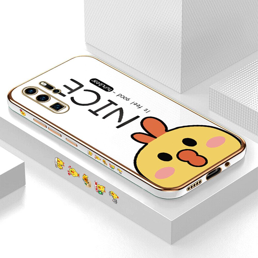 Luxury 6D Plating Case for Huawei P30 Pro Cute Cartoon Chicken Side Pattern Back Cover Soft Silicone Square Frame Shiny Bling Phone Cases + Free Lanyard