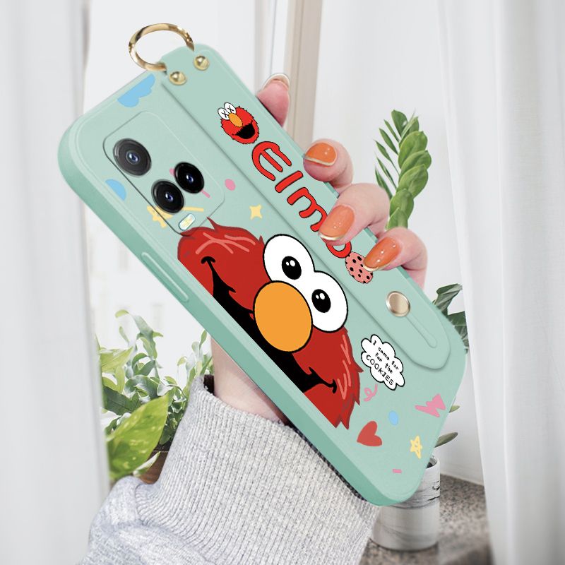 ZeroQiQi for Vivo Y33S Wrist Strap Case Cute Cute Cartoon Little Monster Phone Cover Square Edge Liquid Silicone Case Full Cover Camera Shockproof Protective Cases