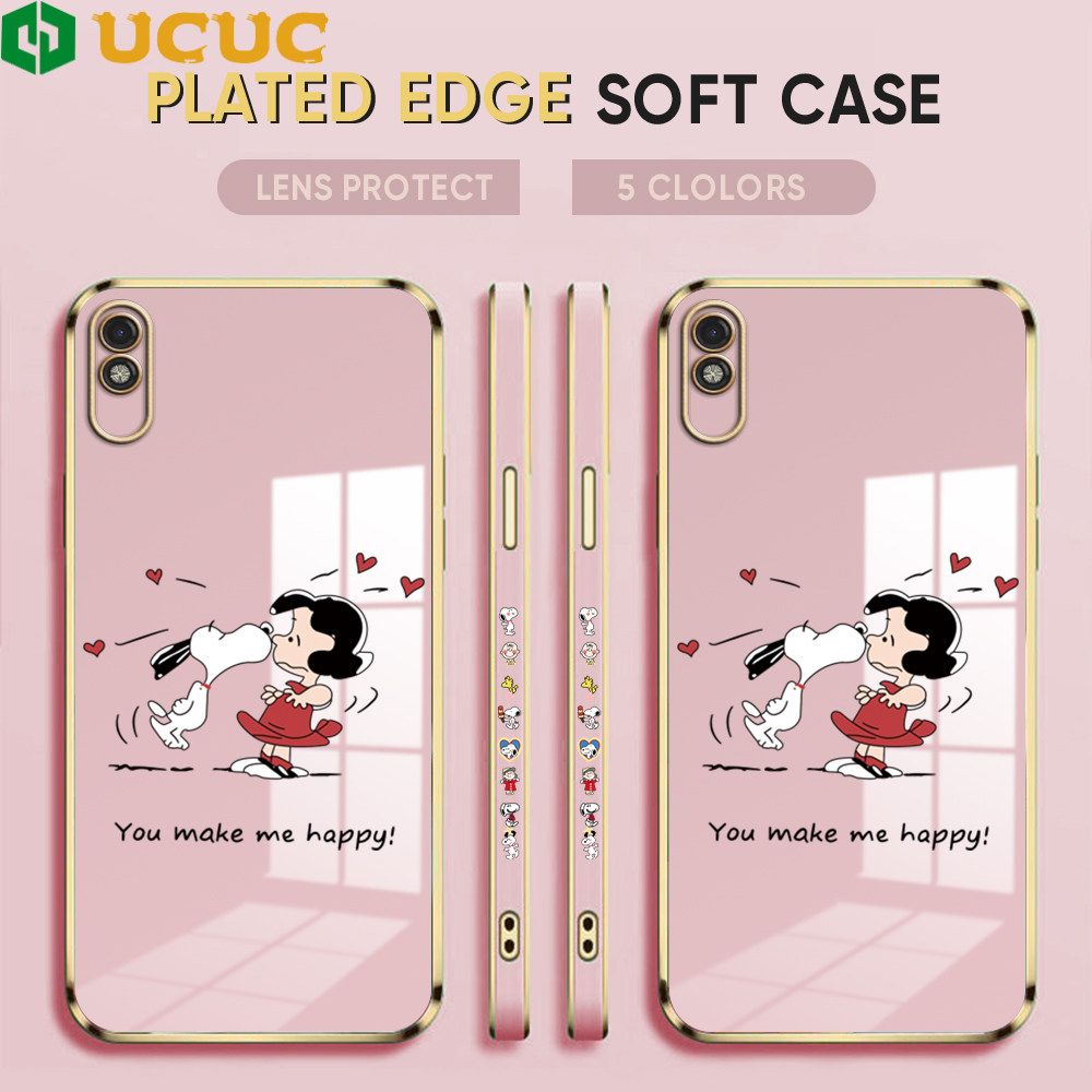 UCUC for Redmi 9A Back Cover + Free Lanyard Happy Puppy Luxury 6D Plating Case Side Pattern Soft Silicone Square Phone Cases