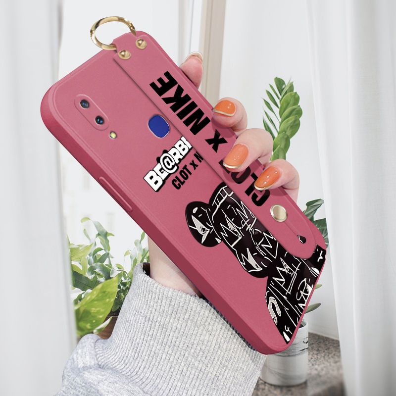 Jizetin for Vivo V11i Wrist Strap Case Creative Cartoon Black Stitching Bear Cover Ultra Thin Anti Fall Liquid Silicone Phone Case