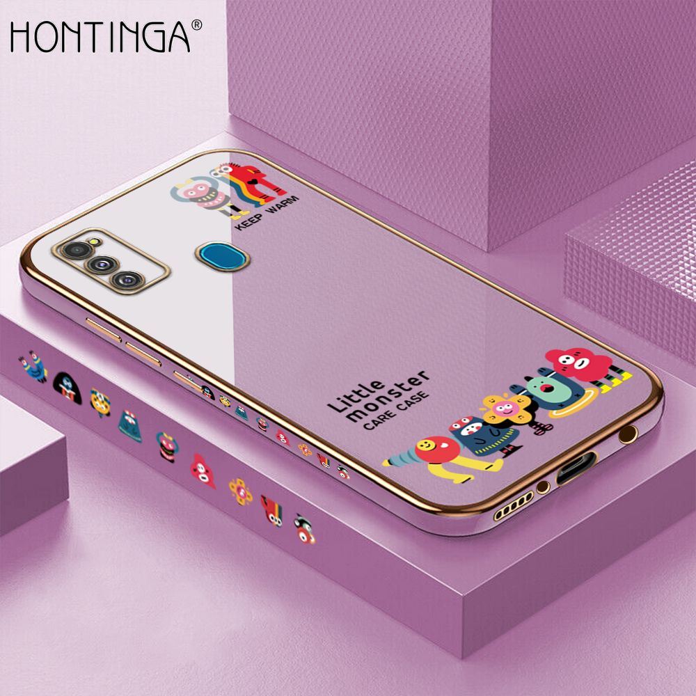 Hontinga for Samsung M21 M30S Back Cover + Free Lanyard Luxury 6D Plating Cute Mobs Collection Side Pattern Case Soft Silicone Square Mobile Cover