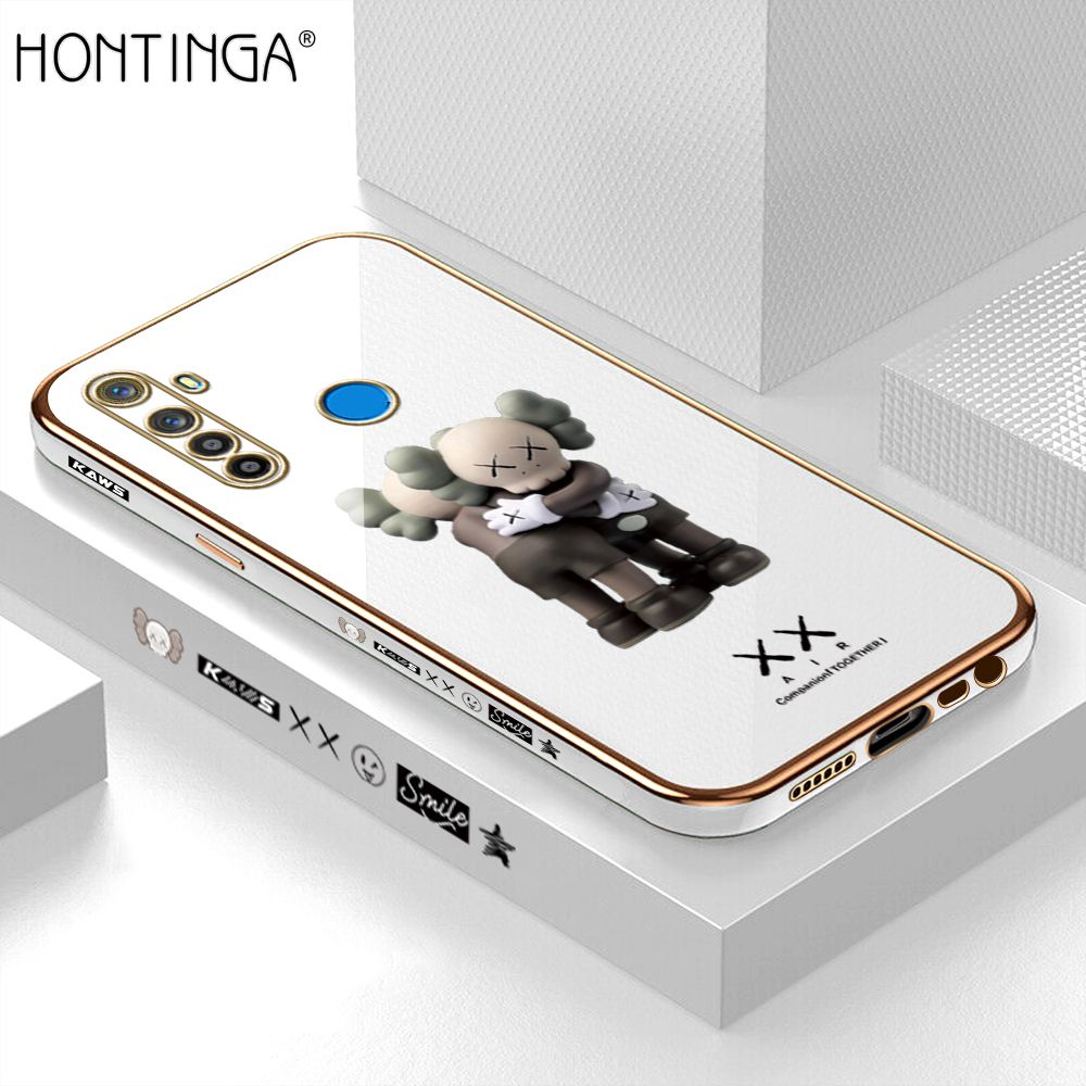 Hontinga for Realme 5 5I 5S 6I Back Cover + Free Lanyard Luxury 6D Plating Cartoon Hug bear Side Pattern Case Soft Silicone Square Mobile Cover