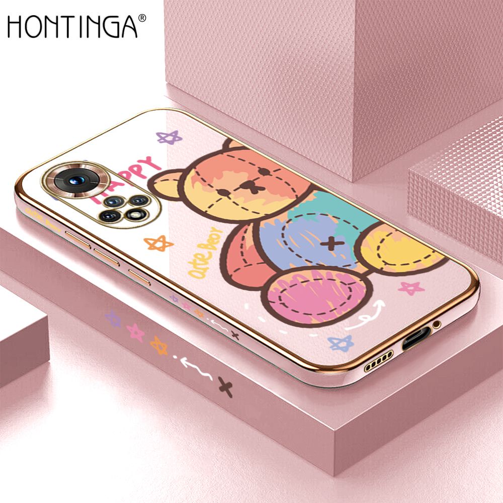 Hontinga for Honor 50Back Cover + Free Lanyard Luxury 6D Plating Color Doll Bear Side Pattern Case Soft Silicone Square Mobile Cover