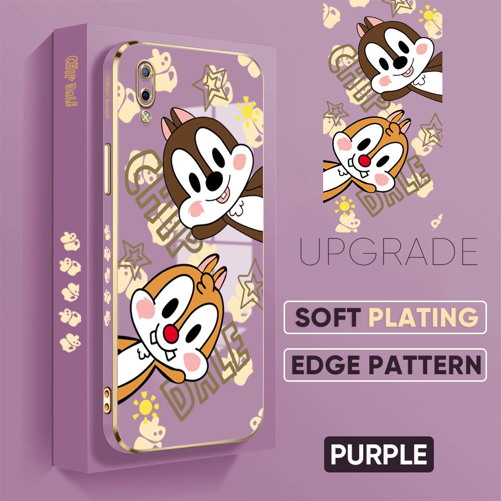 Jizetin (Free Lanyard) Vivo Y93 Back Cover Two Chipmunks Luxury 6D Plating Case Side Pattern Soft Silicone Square Mobile Phone Cases