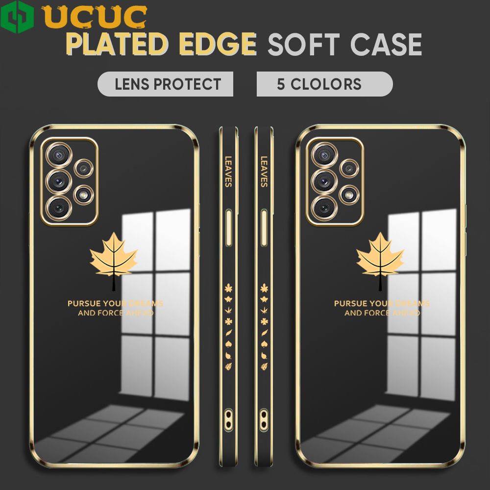 UCUC for Samsung Galaxy A72 / A72 5G Back Cover + Free Lanyard Maple Leaf Luxury 6D Plating Case Side Pattern Soft Silicone Square Phone Cases