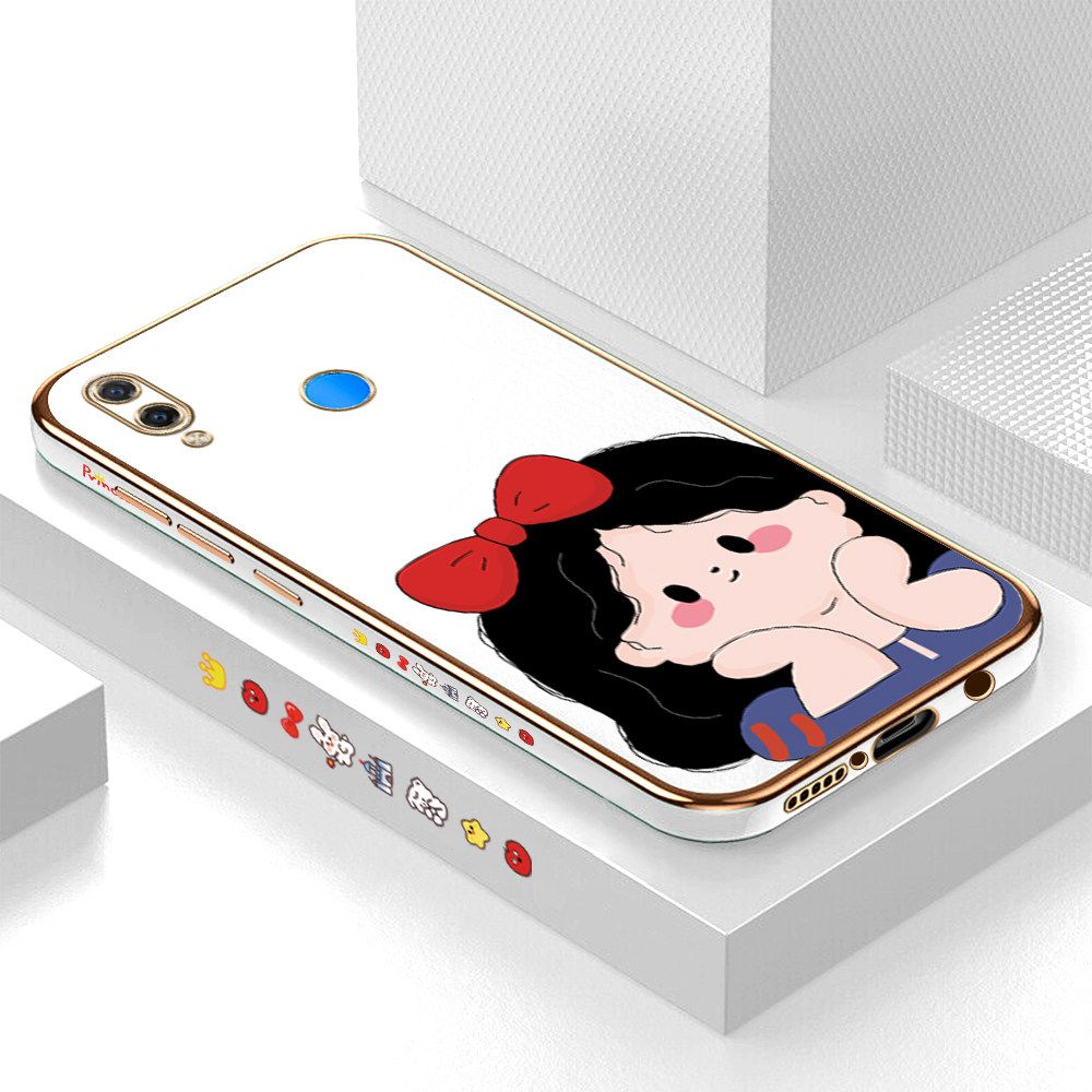 Luxury 6D Plating Soft Casing Silicone Square Frame Phone Case For Huawei P Smart Plus Case Shiny Bling Back Cover Cartoon Cute Bow Girl Square Edge Pattern Design Soft Case + Free Lanyard