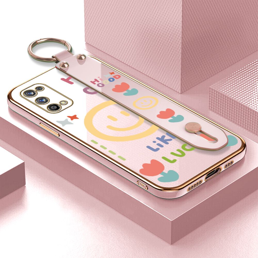 ZeroQiQi for Realme 7 Pro Wrist Strap Back Cover Flower Smiley Fashion Luxury 6D Plating Soft Casing Silicone Square Frame Phone Case