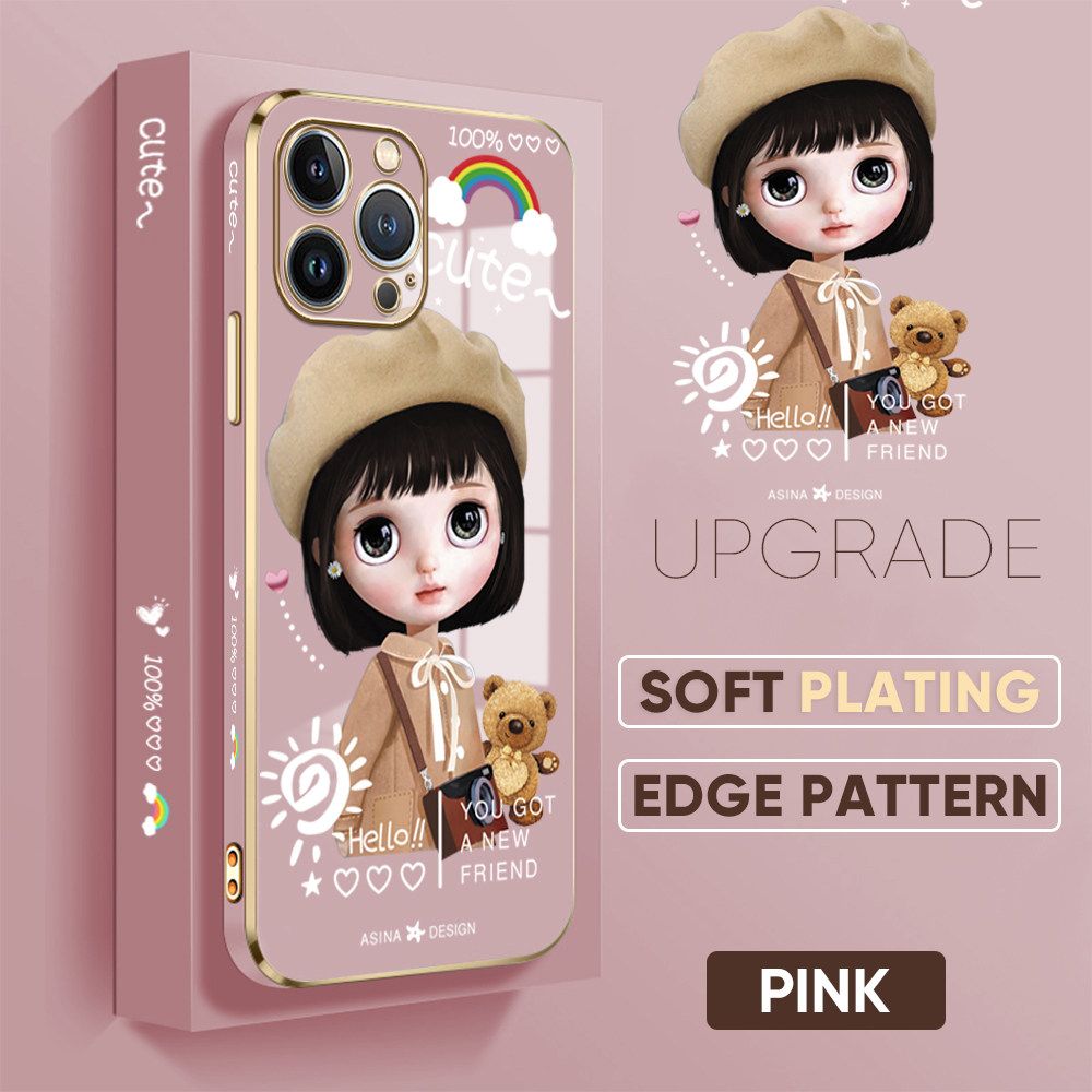 Jizetin (Free Lanyard) iPhone 13 Pro Luxury 6D Plating Soft Casing Silicone Square Frame Phone Case Shiny Bling Back Cover Cute Sunshine Girl New design Side Drawing Case