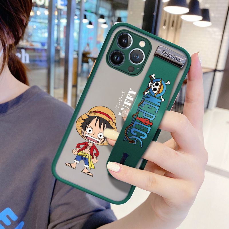 UCUC for iPhone 13 Pro Wrist Strap Case Anime One Piece Luffy Wristband Printing Cover Shockproof Frosted Phone Case