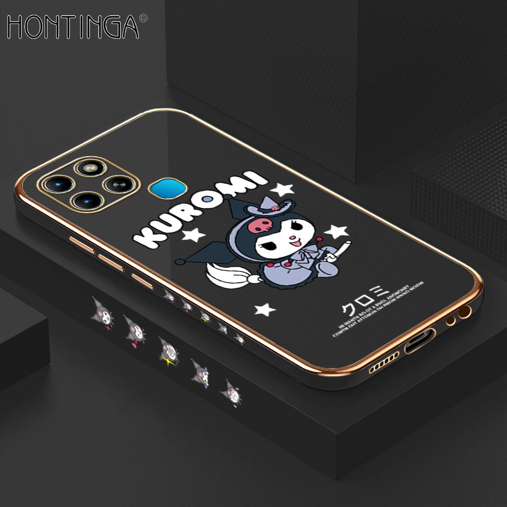Hontinga for Infinix Smart 6 Back Cover + Free Lanyard Luxury 6D Plating Cartoon Little Witch Side Pattern Case Soft Silicone Square Phone Cases