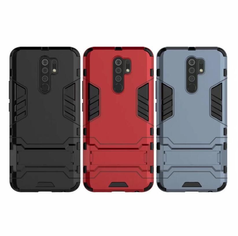 For Xiaomi Redmi 9  Iron Man Stand Cover Hard Armor and Soft Silicone TPU Frame Phone Case