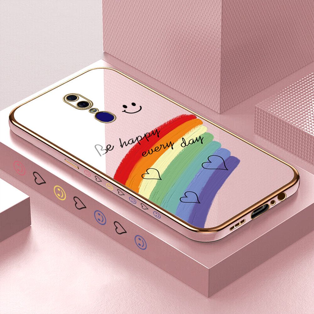 Luxury 6D Plating Case for OPPO F11 Smile Rainbow Lover Heart Side Pattern Back Cover Soft Silicone Square Frame Shiny Bling Phone Cases + Free Lanyard