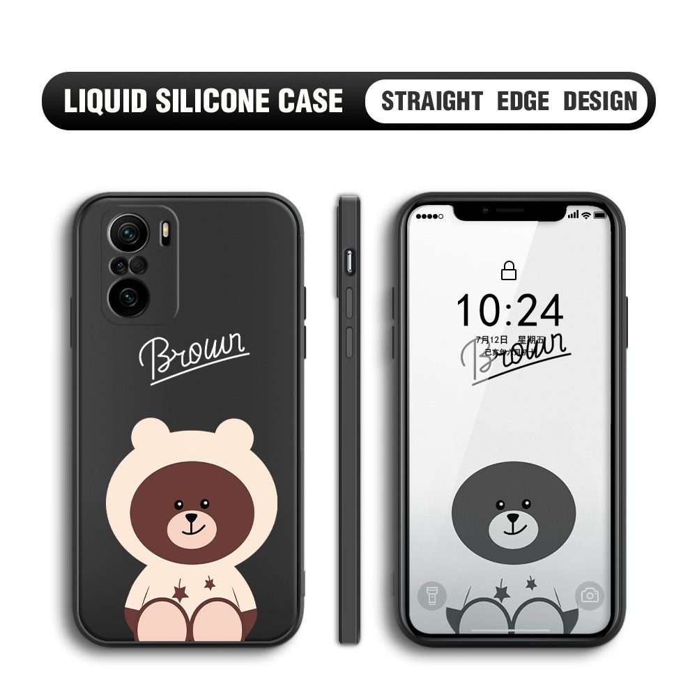 BILI for Xiaomi Poco F3 / Redmi K40 / K40 Pro Back Cover Brown Bear Multicolor Liquid Silicone Phone Case Soft Square Lens Protection Phone Cases